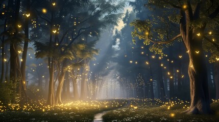 A mystical World Ramadan (Begins) scene, depicting a tranquil forest bathed in ethereal moonlight, where fireflies dance among the trees