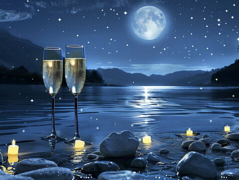 A calm winding river flowing with sparkling champagne under a moonlit sky illustration