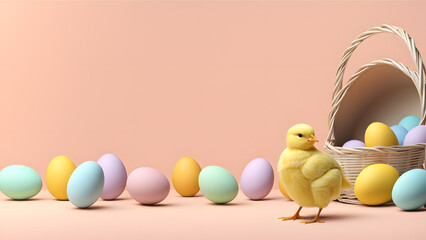 3D a chick and a mess of easter eggs from a basket. Minimalist easter day template with pastel background. Suitable for poster, web banner, social media, advertising. - obrazy, fototapety, plakaty