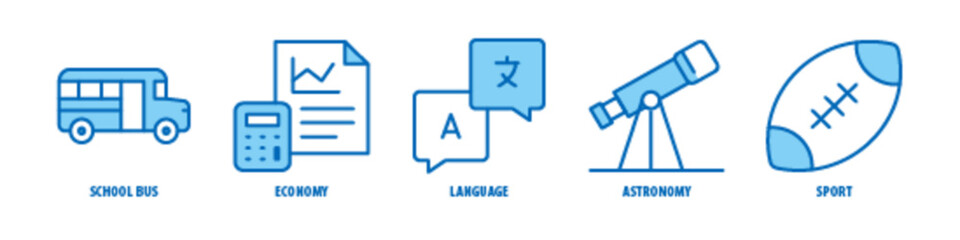 Sport, Astronomy, Language, Economy, School Bus editable stroke outline icons set isolated on white background flat vector illustration.