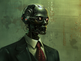 A cyborg businessman donning a sophisticated suit and tie