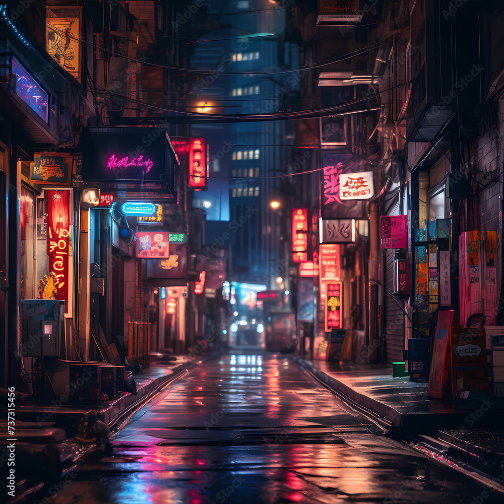 Poster moody image of a city alley with glowing neon signs