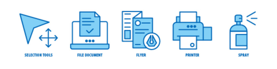 Spray, Printer, Flyer, File Document, Selection Tools editable stroke outline icons set isolated on white background flat vector illustration.