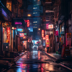 Fototapeta na wymiar Moody image of a city alley with glowing neon signs
