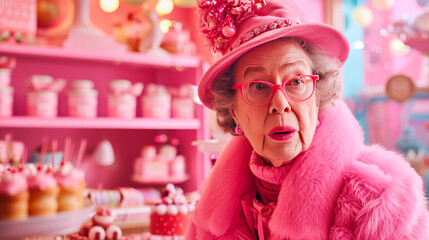 Cool trendy granny in bright pink clothes in a candy store