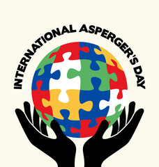 International Asperger Awareness Day. Hands holding globe world colorful puzzle. Vector isolated on white background.	