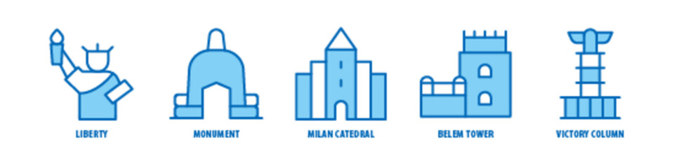 Victory Column, Belem Tower, Milan Cathedral, Monument, Liberty editable stroke outline icons set isolated on white background flat vector illustration.