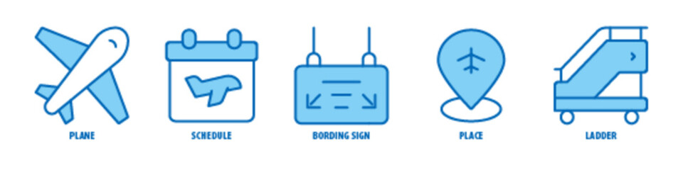 Ladder, Place, Bording Sign, Schedule, Plane editable stroke outline icons set isolated on white background flat vector illustration.