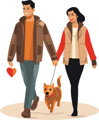 Couple walking dog, man holding heart shape, autumn jackets. Young man woman walk pet, cheerful love concept. Couple together, pet lovers vector illustration