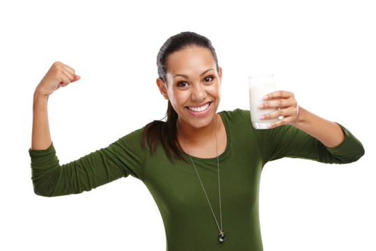 Isolated woman, portrait and milk with bicep muscle, smile or health by transparent png background. Girl, person and happy with drink for calcium, diet or nutrition choice for strong bones in Mexico