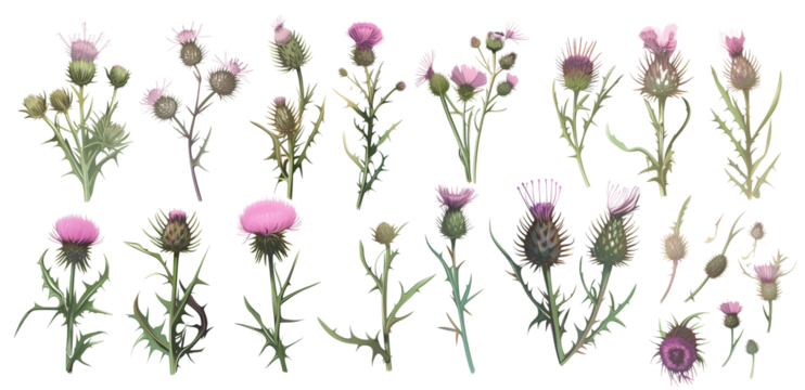 collection of wild thistles flowers, isolated on a transparent background