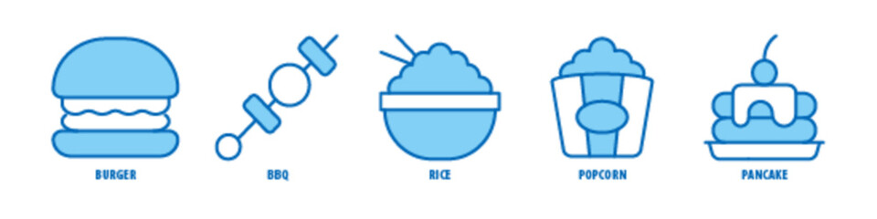 Obraz premium Pancake, Popcorn, Rice, BBQ, Burger editable stroke outline icons set isolated on white background flat vector illustration.