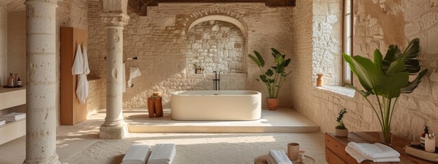Internal bathroom with Italian style stone walls and columns.