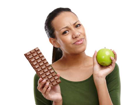 Chocolate, apple and portrait of woman confused for decision on isolated, png and transparent background. Wellness, diet and person with fruit and sweet dessert for balance, choice and lose weight - Powered by Adobe