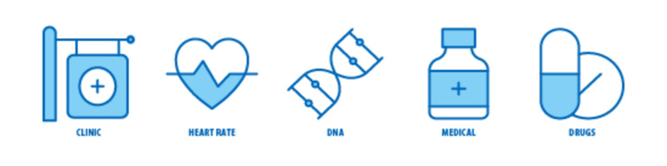 Drugs, Medical, DNA, Heart rate, Clinic editable stroke outline icons set isolated on white background flat vector illustration.