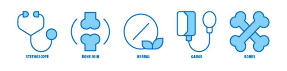 Bones, Gauge, Herbal, Bone Joint, Stethoscope editable stroke outline icons set isolated on white background flat vector illustration.