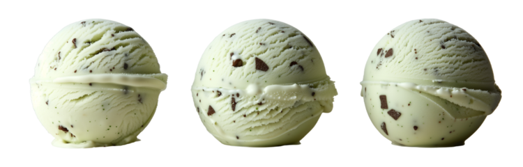  collection of scoop of mint chocolate chip ice cream, isolated on a transparent background