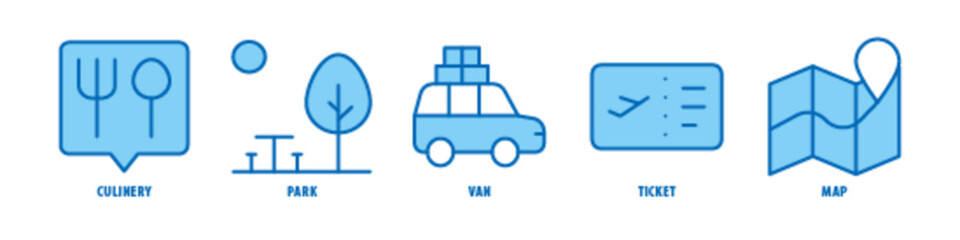 Map, Ticket, Van, Park, Culinary editable stroke outline icons set isolated on white background flat vector illustration.