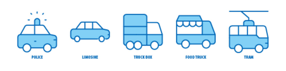 Tram, Food Truck, Truck Box, Limousine, Police editable stroke outline icons set isolated on white background flat vector illustration. - obrazy, fototapety, plakaty