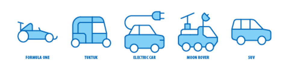 Fototapeta premium SUV, Moon Rover, Electric Car, Tuk-tuk, Formula one editable stroke outline icons set isolated on white background flat vector illustration.