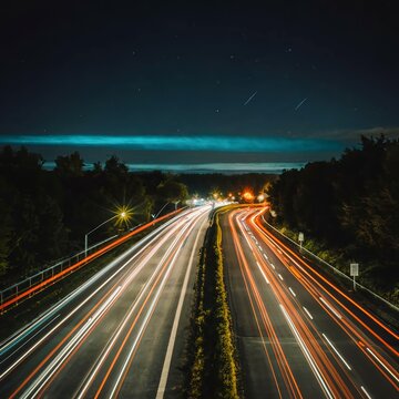 Night light painting stripes. Road car light streaks. Long exposure photography. Long exposure photo of a street