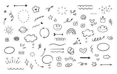 Hand drawn line simple elements, cloud, speech bubbles, underline, emphasis, star, arrow, hearts element. Doodle vector illustration.