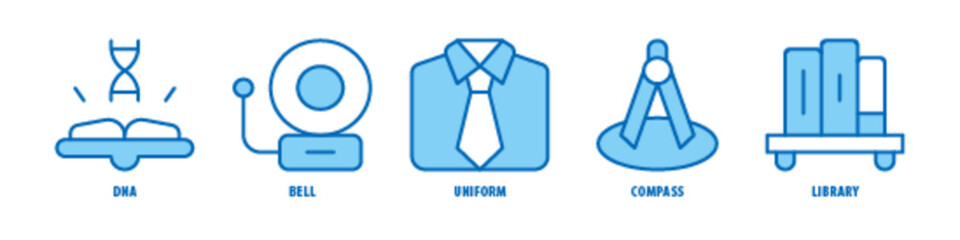 Library, Compass, Uniform, Bell, DNA editable stroke outline icons set isolated on white background flat vector illustration.
