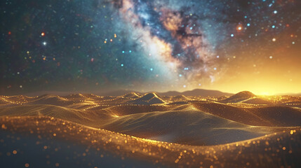 A desert scene under a star lit sky that appears to be warping like a dream in a distinctive 3D render - obrazy, fototapety, plakaty