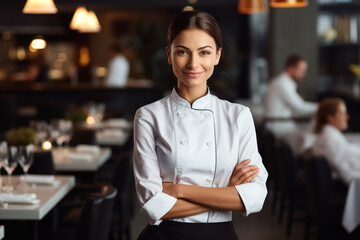 Fototapeta premium Portrait of a young woman chef in uniform is standing with cheerful smile radiating warmth and hospitality