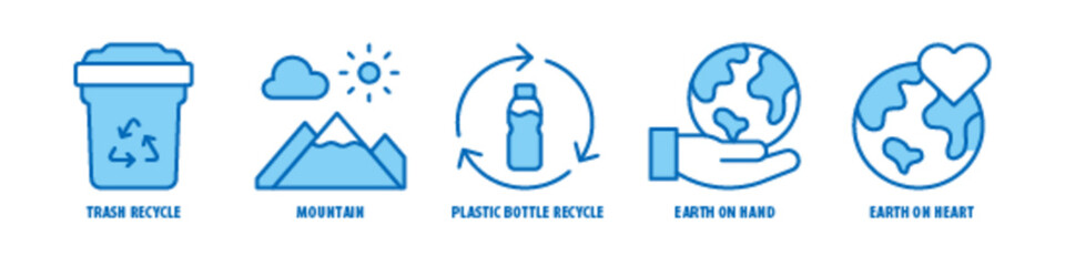 Earth on Heart, Earth on hand, Plastic Bottle Recycle, Mountain, Trash recycle editable stroke outline icons set isolated on white background flat vector illustration.
