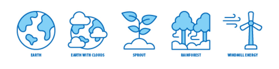 Windmill energy, Rainforest, Sprout, Earth with clouds, Earth editable stroke outline icons set isolated on white background flat vector illustration.