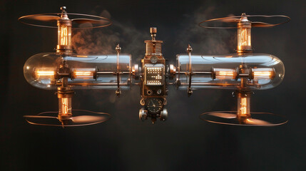 A flying drone crafted from copper tubes and nixie tubes in a steampunk fashion