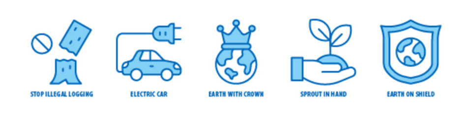 Earth on Shield, Sprout in hand, Earth With Crown, Electric Car, Stop illegal logging editable stroke outline icons set isolated on white background flat vector illustration.