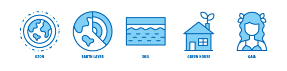 Gaia, Green House, Soil, Earth Layer, Ozone editable stroke outline icons set isolated on white background flat vector illustration.