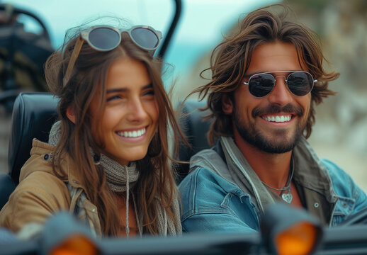 Adventurous Couple Enjoying a Road Trip in a Convertible with Coastal Views and Carefree Smiles