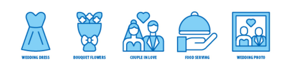 Wedding Photo, Food Serving, Couple in Love, Bouquet flowers, Wedding Dress editable stroke outline icons set isolated on white background flat vector illustration.