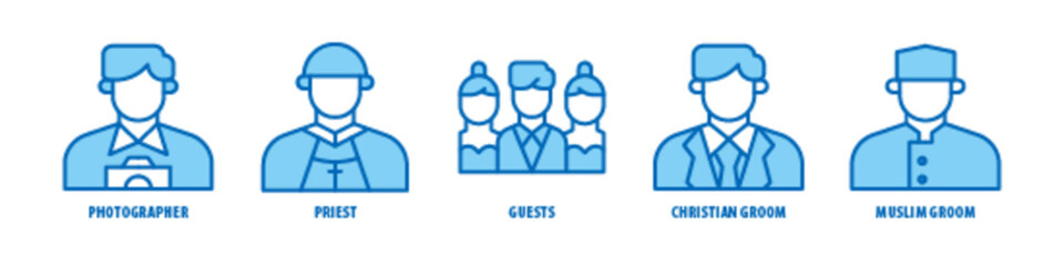 Muslim Groom, Christian Groom, Guests, Priest, Photographer editable stroke outline icons set isolated on white background flat vector illustration.