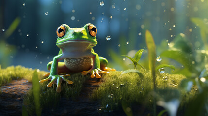 A green frog on a dewy leaf.