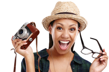 Excited, portrait and woman with retro camera and glasses for photography, vision and art on png transparent background. Happiness, photographer or influencer with eyewear, lens and creativity