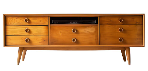 Fototapeta premium midcentury modern wood tv stand, isolated on transparent background