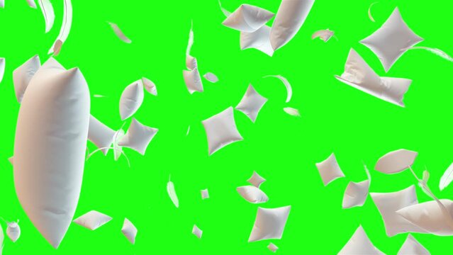 Explosion of down pillows and feathers on Green screen and alpha mask