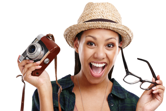 Excited, portrait and woman with retro camera and glasses for photography, vision and art on png transparent background. Happiness, photographer or influencer with eyewear, lens and creativity