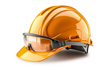 An orange construction helmet with a pair of attached safety glasses is featured in a clear and detailed close-up, isolated against a pure white background, emphasizing its importance for workplace sa