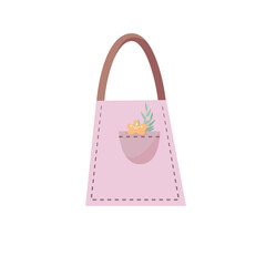 Vector Illustration of Pink Fabric Tote Bag with Front Pocket, Floral Decoration and Brown Handles Isolated on White Background