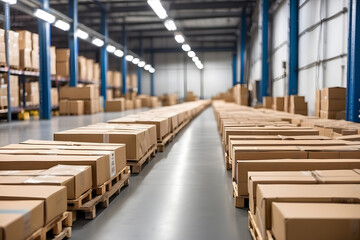 Fototapeta premium Conveyor belt in a distribution warehouse with a row of cardboard box parcels for e-commerce delivery and automated logistics concepts as a large banner with copy space design.