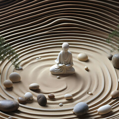 Fototapeta na wymiar Zen garden with a meditating figure and pebble patterns.