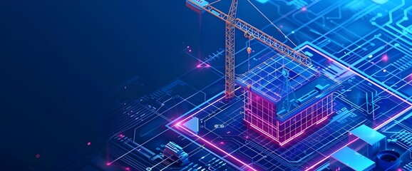 Fototapeta premium Holographic construction crane simulation, future technology, holographic technology, design engineering, blue and white tones. Generative AI