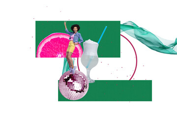 Creative collage picture illustration excited enjoy cheerful young woman dance retro party 90s...