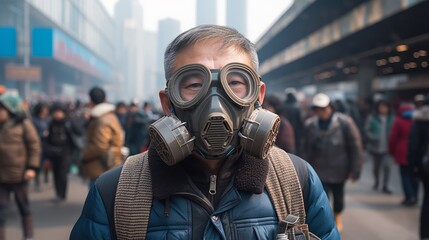 An elderly man wearing a gas mask and glasses during the global pandemic of a dangerous virus, air contamination with chemicals in the city center. Post-apocalypse. - obrazy, fototapety, plakaty