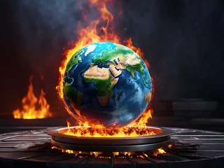 Fotobehang Earth planet globe over flames of a stove burning, the concept of conventional energy harming the planet and global warming as a large banner with copy space area design. © Mahmud